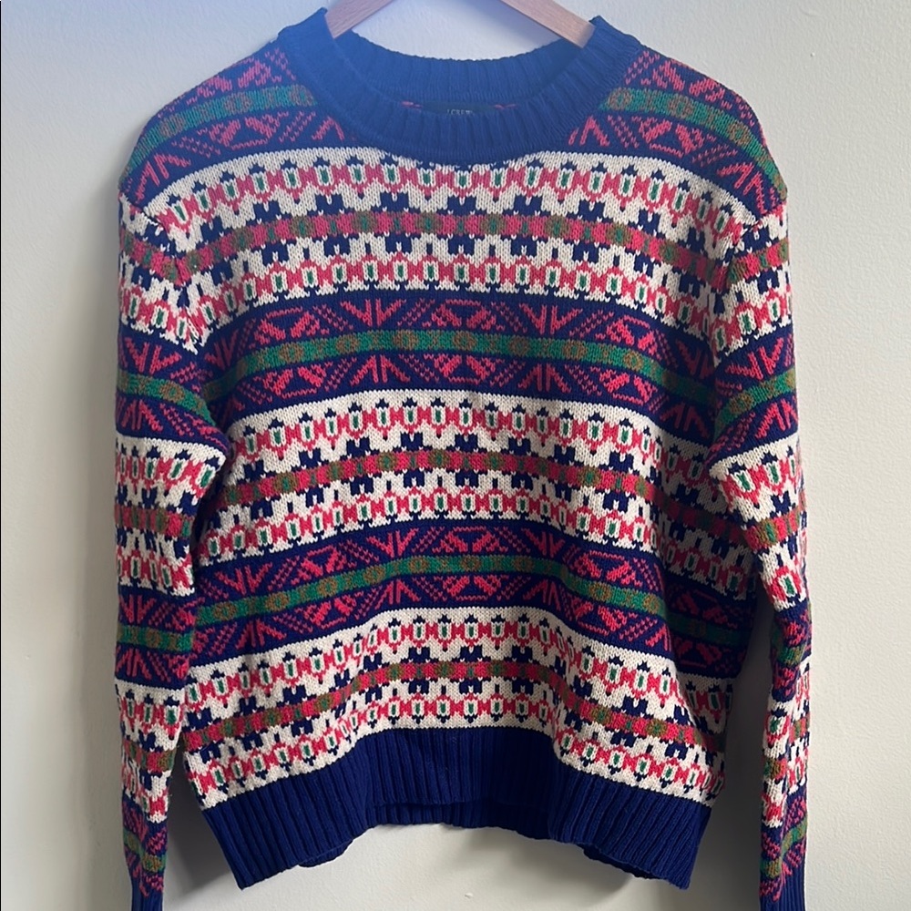 J. Crew Blue and Pink Fair Isle Crew Neck Sweater